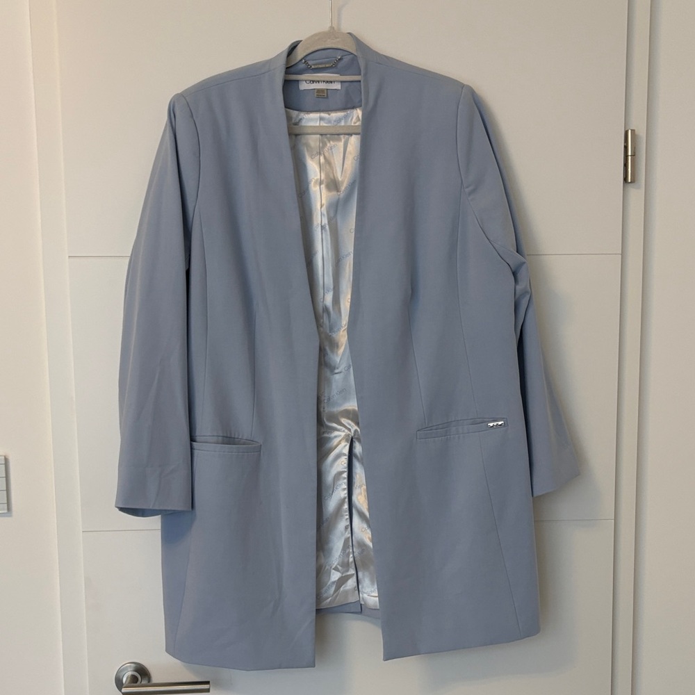 Calvin Klein Light Blue Collarless Open-Front Blazer